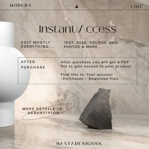 May include: A digital download product listing with the text "Instant Access" and "Edit Mostly Everything..." and "Text, Size, Colour, Add Photos & More..."  The text "After Purchase" is also included, along with instructions on how to access the digital download after purchase. The image also includes the text "More Details in Description" and "MANTADESIGNSS".