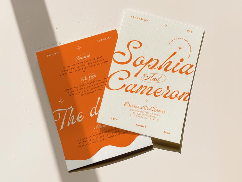 May include: Orange and white wedding invitation with the text "Sophia and Cameron" in a cursive font. The invitation is for a wedding on August 28th, 2028 at the Brentwood Oak Ranch in Los Angeles, California.