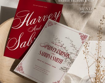 doppelseitige Hochzeitseinladungen Moderne Hochzeitseinladung Canva Vorlage Einladung Set Elegant mit Blumenrahmen - sofort Download