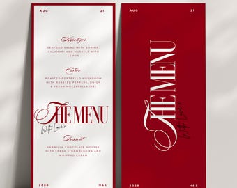 Canva Modern chic wedding, Elegant Script Dinner Cards,  Red n White colourful retro whimsical minimalist, Romantic Menu Unique -Sabrina