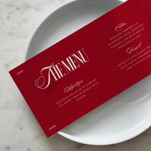 Canva Moderni menu di nozze rossi, menu orizzontale con rose rosse, stampa digitale, menu di nozze, menu di nozze, menu rosso bordeaux e nero - Sabrina