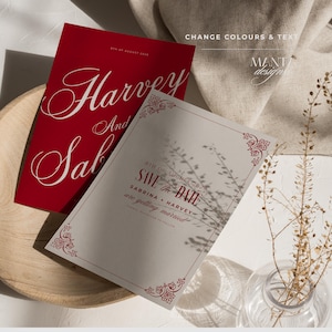 Romantic Red Save the Date Template: Vintage Wedding Invitation (Canva Editable, Digital Download