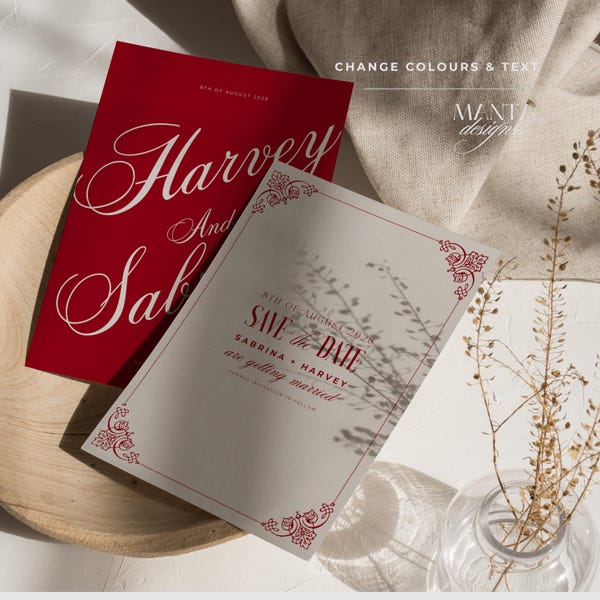 Romantic Red Save the Date Template: Vintage Wedding Invitation (Canva Editable, Digital Download