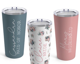 Personalized dusty blue and pink floral bridal party tumblers. Custom Bride/ Bridesmaid / Maid of Honor gift. 10oz & 20oz Sublimated