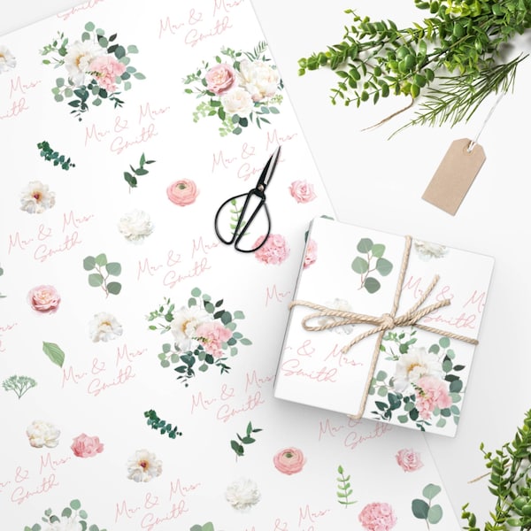 Personalized Blush Eucalyptus floral wedding wrapping paper. Future mrs. Mr. & Mrs. Bridal shower wrapping paper. Pink, sage. Ivory