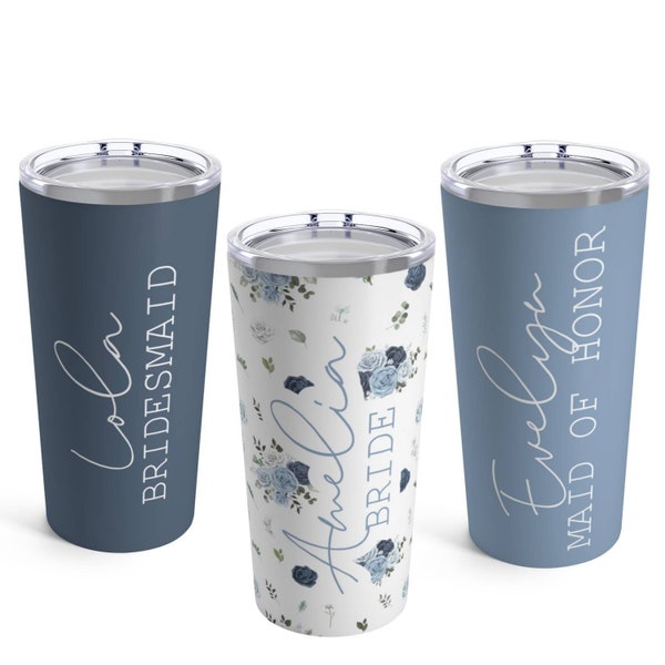 Personalized Dusty Blue Floral Bridal Party Tumblers. Custom Bride/ Bridesmaid / Maid of Honor gift. 10oz & 20oz Sublimated tumbler cup.