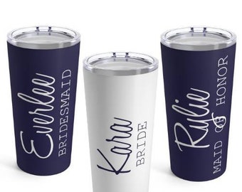 Personalized Navy Blue Bridal Party Tumblers. Custom Bride/ Bridesmaid / Maid of Honor gift. 10oz & 20oz Sublimated tumbler cup.