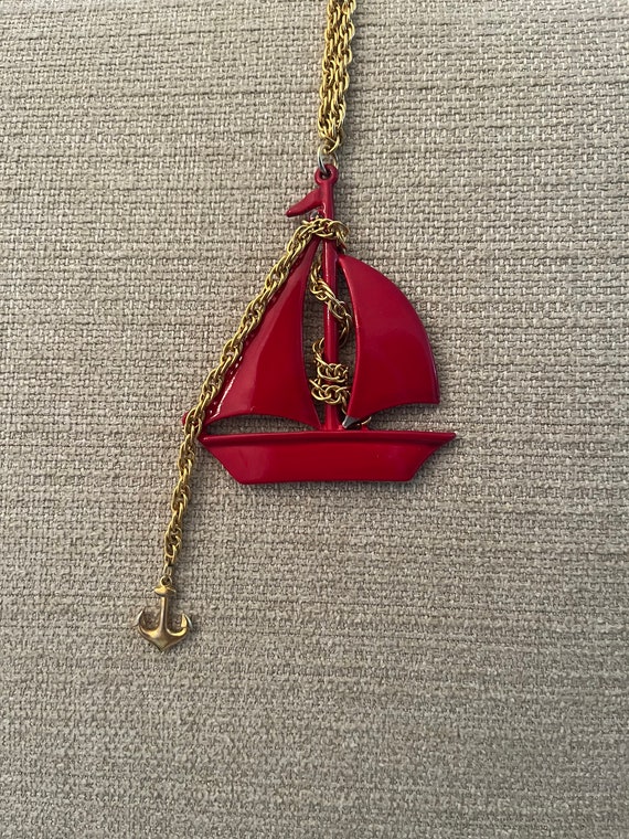 Vintage Nautical Sailboat Necklace Red Enamel