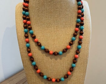 Multi Colored Extra Long Beaded Vintage Necklace with Wooden Beads