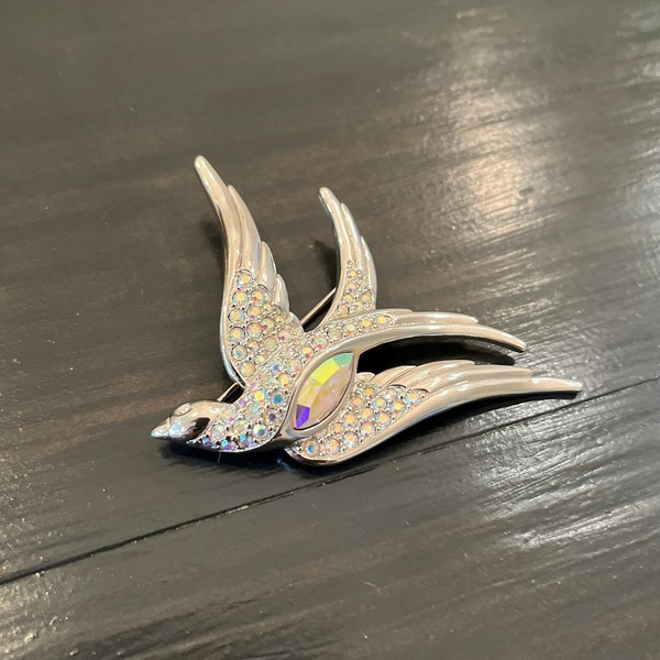 Swarovski Signed Rhodium Plated Bird Pin Brooch with Aurora Borealis Crystals