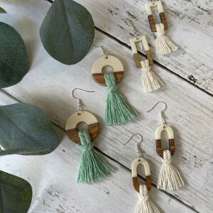 Resin & Wood Macramé Dangle Earrings, Boho Earrings, Handmade, Macrame Jewelry, Tassel Earrings, Fringe Ivory or Smoke Color