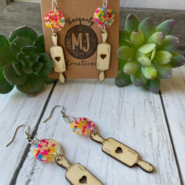 Lightweight Painted Wood & Resin Sprinkle Cookies and Rolling Pin Bakers Earrings