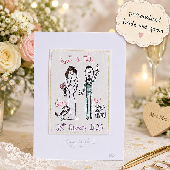 Actual embroidery thread stitched into a wedding card makes this a tactile keepsake you'd frame, not bin.