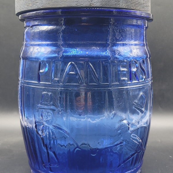 Vintage 1980s Cobalt Planters Peanuts Jar with Running Mr. Peanut
