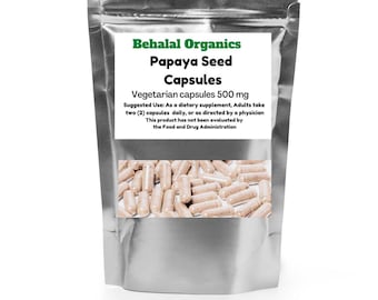 May include: A silver pouch with a white label that reads "Behalal Organics Papaya Seed Capsules Vegetarian capsules 500 mg Suggested Use: As a dietary supplement, Adults take two (2) capsules daily, or as directed by a physician This product has not been evaluated by the Food and Drug Administration". The pouch contains a large quantity of brown capsules.