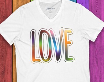 Big Love Pride V Neck Shirt, LGBTQ Pride Tee, Rainbow Love Graphic Shirt, Pride Festival Outfit, Inclusive LGBTQ Gift, Love Wins Shirt