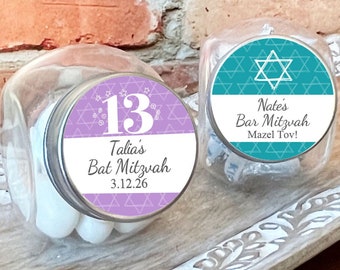 Printed Personalized Glass Candy Jar with Mitzvah Labels, Bottle Jar Bat Mitzvah Bar Mitzvah Favors CL97 (Set of 12)
