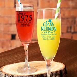 Class Reunion Printed Personalized Classic Champagne Glass Flutes Favors, Class Reunion Glass Party Favors CL111 (Set of 24)