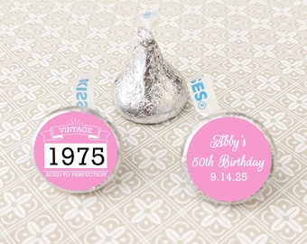 LABELS Only Printed Personalized Hersheys Kisses Labels Vintage Aged To Perfection, Birthday Labels Stickers CL85 (Set of 80)