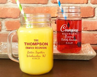 Printed Personalized Family Reunion Mason Drinking Jar Glass Party Favors, Family Relatives Cousins Party Favors CL112 (Set of 24)