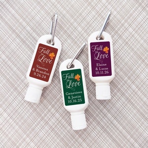 Printed Personalized Sunscreen SPF30 with Fall in Love Labels and Carabiner Fall in Love Wedding Favors, CL77 (Set of 12)