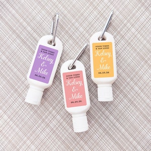 Printed Personalized Sunscreen SPF30 Carabiner Favors with Couples Names Labels, Wedding Summer Sunscreen Favors (Set of 12)