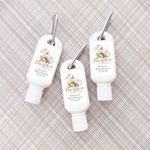 Printed Personalized Sunscreen SPF30 with A Little Pumpkin Is On The Way Labels and Carabiner Baby Shower Baby Favors, (Set of 12)