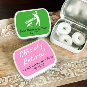 Printed Personalized White Mint Tin Empty Tin with Retirement Labels, Treat Box Container Retirement Retired Party Favors (Set of 10)
