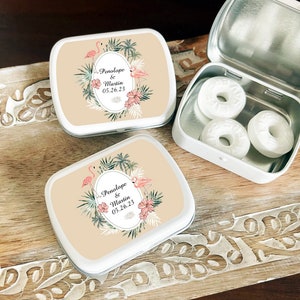 Printed Personalized White Mint Tin Empty Tin with Flamingo Tropical Labels, Treat Box Container Wedding Party Favors (Set of 12)