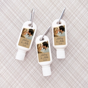 Printed Personalized Sunscreen SPF30 Carabiner Favors with Wedding Photo Couple Labels, Photo Required Sunscreen Wedding Favors (Set of 12)