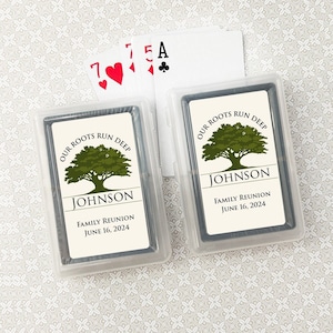 Printed Personalized Playing Cards with Our Roots Run Deep Labels, Playing Cards Family Reunion Party Favors (Set of 12)