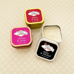 Printed Personalized Travel Candle Tins with Married in Fabulous Las Vegas Labels, Vegas Travel Candle Party Wedding Favors CL06, Set of 12