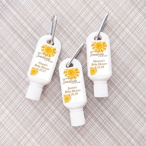 Printed Personalized Sunscreen SPF30 with A Little Ray Of Sunshine Is On The Way Labels and Carabiner Baby Shower Favors CL95 (Set of 12)