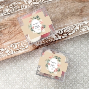 Personalized Square Shaped Acrylic Plastic Favor Boxes with Flamingo Tropical Labels, Empty Clear Box Wedding Favors (Set of 10)