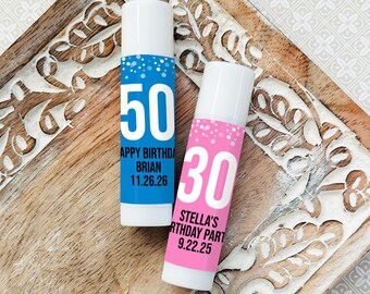 Printed Personalized Mini Lip Balm with Birthday Age Confetti Labels, Vanilla Filled Lip Balm Birthday Party Favors (Set of 12)