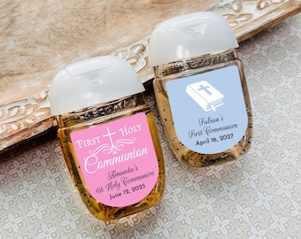 LABELS Only Personalized First Holy Communion Labels For Sanitizers, First Communion Party Favors, Personalized Loop Labels (Set of 18)
