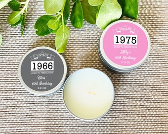 Printed Personalized Travel Candle Tins with Vintage Aged To Perfection Labels, Travel Candle Birthday Party Favors CL85 (Set of 12)