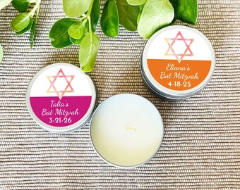 Printed Personalized Travel Candle Tins with Watercolor Star of David Bat Mitzvah Labels, Travel Candle Party Favors CL96 (Set of 12)