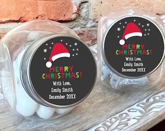 Printed Personalized Mini Candy Jar with Merry Christmas Santa Labels, Empty Mini Glass Bottle Jar Holiday Party Favors CL20 (Set of 12)