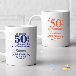 Printed Personalized Fifty 50th White Ceramic Coffee Mug Birthday Party Favors, 50th Birthday Party Favors CL113 (Set of 12)