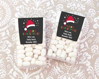 Printed Personalized Tic Tac Mints Candy with Merry Christmas Santa Hat Labels or Labels Only, Holiday Party Favors CL20 (Set of 12)