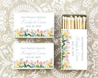 Wedding Bulk Matches, The Perfect Match Spring Flowers Personalized Matchboxes Matches, Matchboxes Wedding Party Favors, Set of 50
