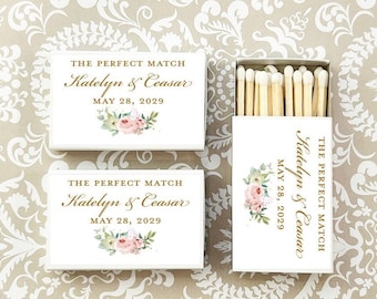 Wedding Bulk Matches, The Perfect Match Floral Personalized Matchboxes Matches, Matchboxes Wedding Party Favors, Set of 50