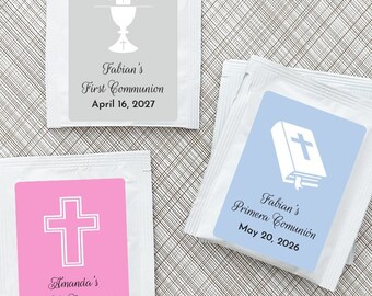 Printed Personalized Tea Bag with First Holy Communion Labels, White Pouch Packed With Tea Party Favors, First Communion Favors (Set of 24)