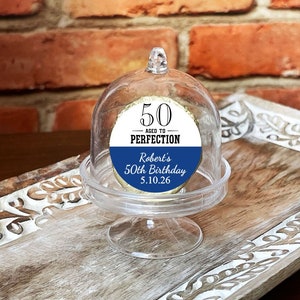 Printed Personalized Mini Cake Stand Acrylic Plastic with Fifty 50th Birthday, Empty Container Birthday Party Favors CL113 (Set of 12)