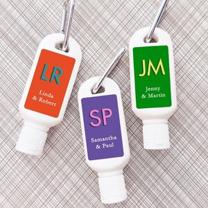 Mod Monogram Printed Personalized Sunscreen SPF30 with Labels and Carabiner, Wedding Party Favors CL119  (Set of 12)