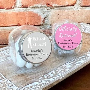 Printed Personalized Mini Glass Favor Jar Retirement Labels, Empty Jars Retirement Party Favors (Set of 12)