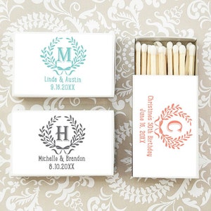 Wedding Bulk Matches, Monogram Wreath Personalized Matchboxes, Monogram Wreath Wedding Matches Party Favors CL22 (Set of 50)