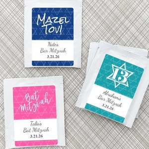 Printed Personalized Tea Bag with Mitzvah Labels, White Pouch Packed With Tea Party Favors Bat Mitzvah Bar Mitzvah Favors CL97 (Set of 24)