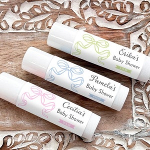 Printed Personalized Mini Lip Balm with Ribbon Bow Labels, Vanilla Filled Lip Balm Baby Shower Favors CL21 (Set of 12)